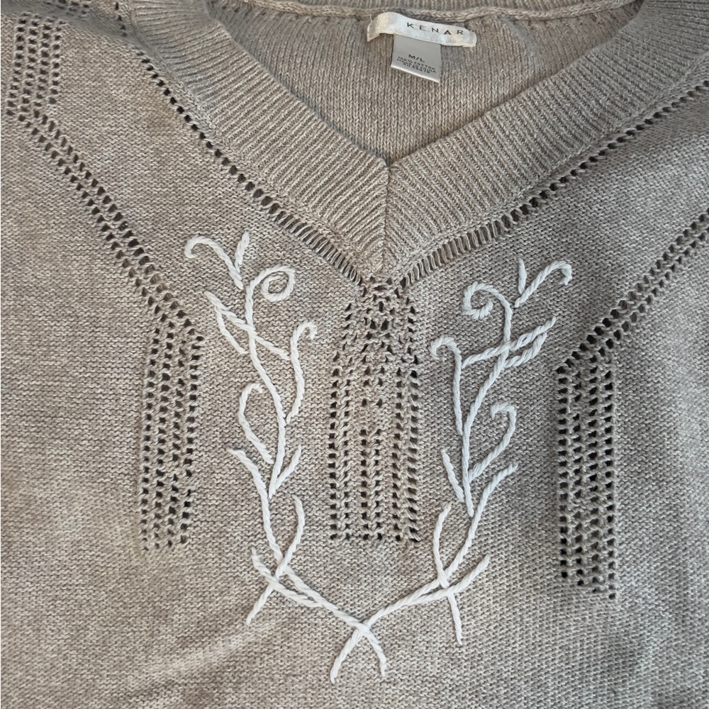 Kenar Women’s Oatmeal Cozy Knit Cotton Embroidered Poncho - SZ: M/L - Picture 6 of 11